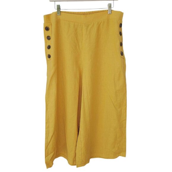 ECI Sunflower Yellow Linen Blend Cropped Wide Leg Pull On Sailor Pants  Size L - Picture 1 of 8